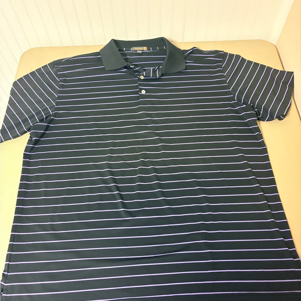 Peter Millar Black Polo with Thin White Stripes
